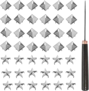 500 Pcs 10mm Square Pyramid Studs & Star Studs with Awl, Four-Jaw Square Rivets Studs, for Punk Rock Clothing Leather Belt Shoes Bag Cap Bracelet Pet Collars DIY Craft Accessories