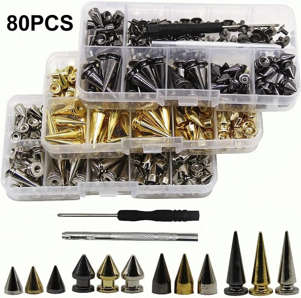 80 Sets Gold Bullet Cone Spikes and Studs Cone Spikes Punk Spikes Leather Craft Rivet Screws for DIY Craft Clothing Shoes Leather Belts Bag