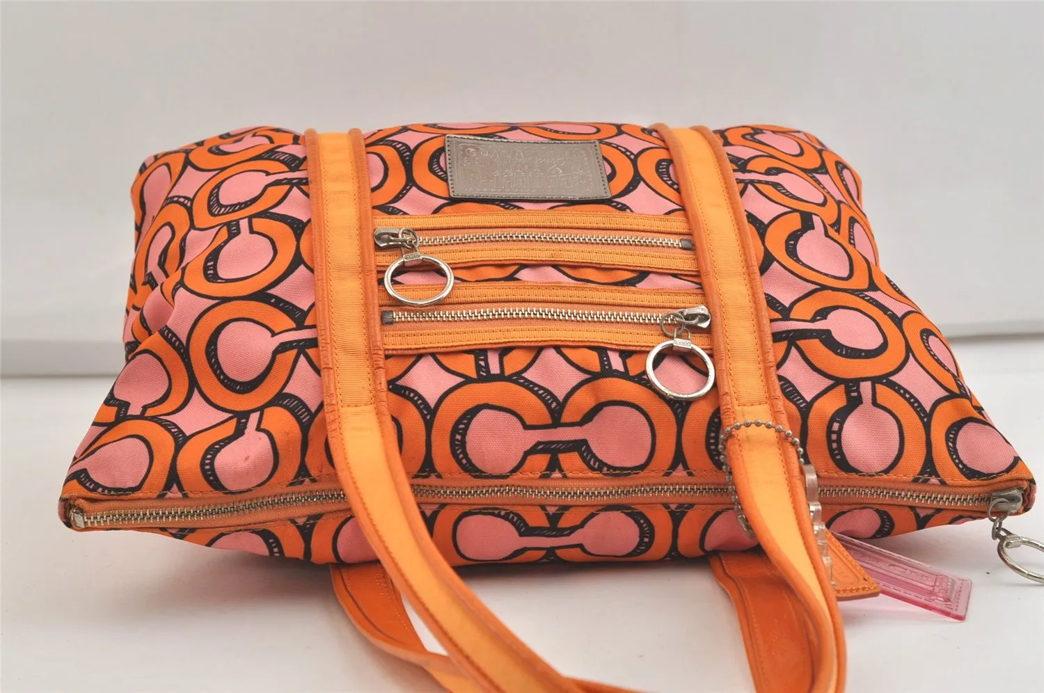 Auth COACH 3D Op Artgram POPPY Tote Bag Canvas Enamel 14983 Pink Orange 4373K