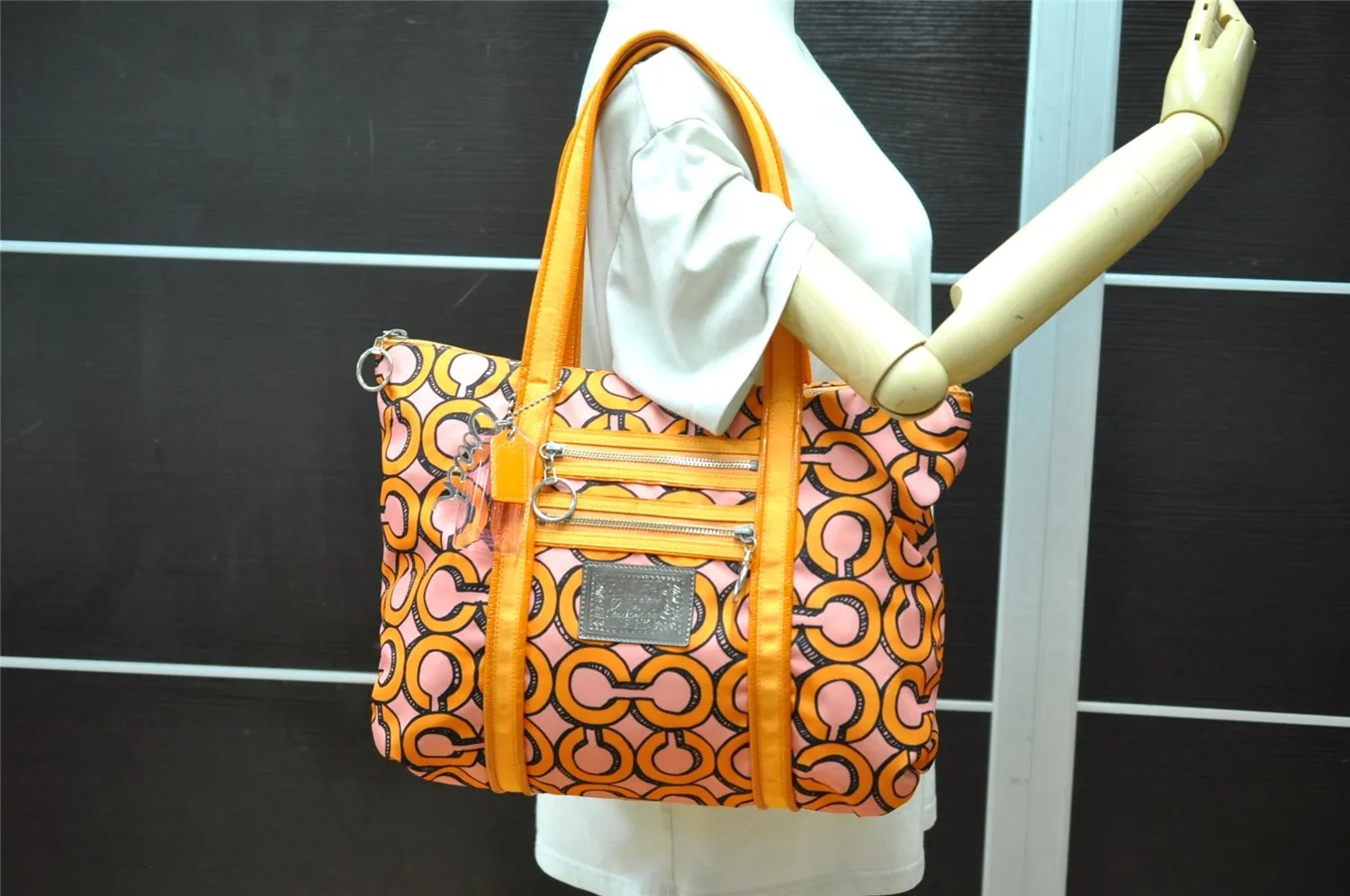 Auth COACH 3D Op Artgram POPPY Tote Bag Canvas Enamel 14983 Pink Orange 4373K