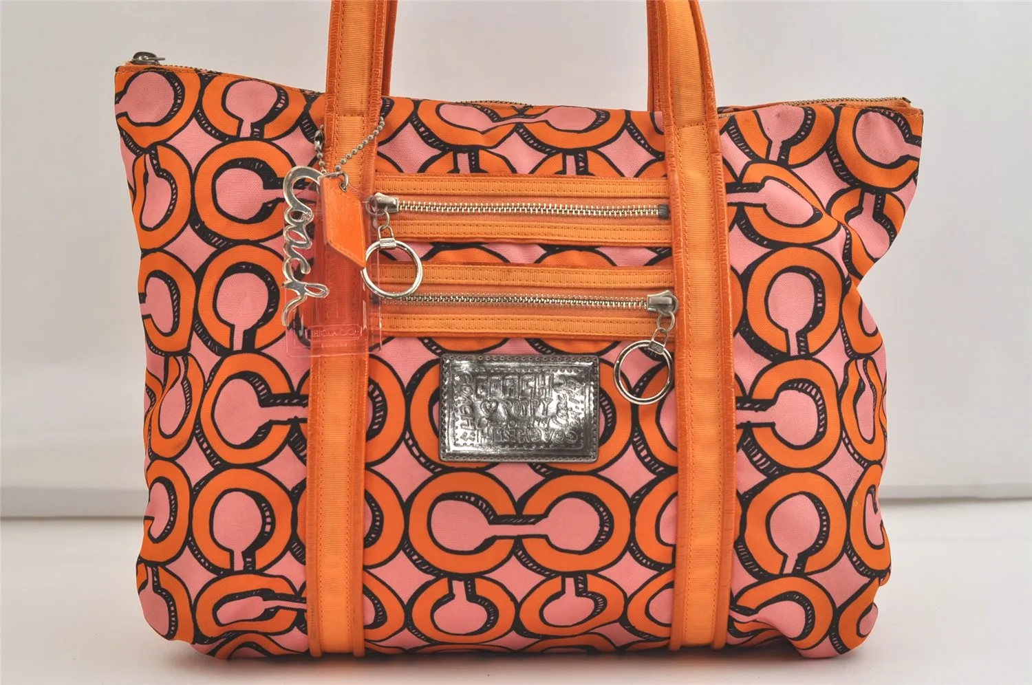Auth COACH 3D Op Artgram POPPY Tote Bag Canvas Enamel 14983 Pink Orange 4373K