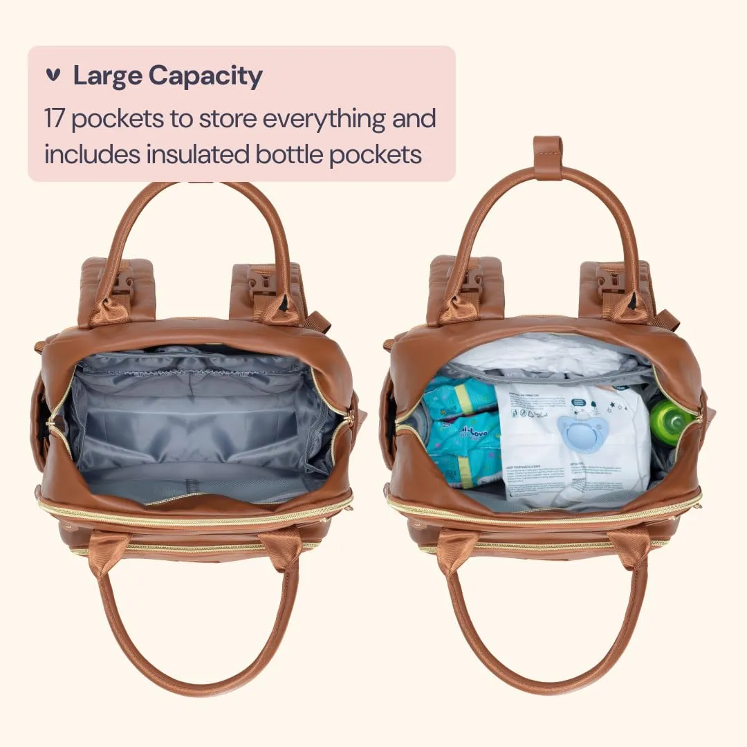 BabbleRoo Leather Diaper Bag Backpack - Baby Essentials Travel Baby Bag, Multi function, Waterproof, with Changing Pad, Stroller Straps & Pacifier Case  Unisex, Natural Brown