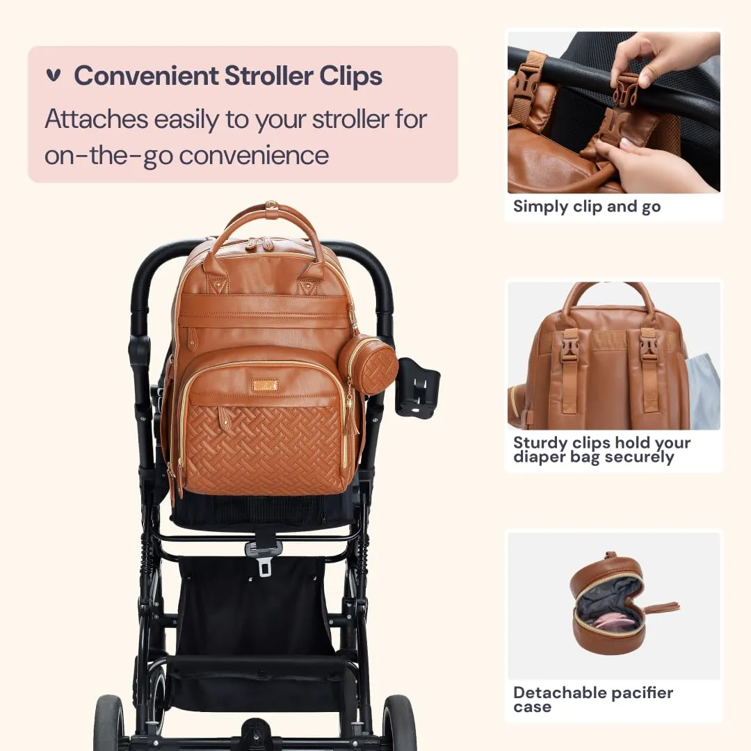BabbleRoo Leather Diaper Bag Backpack - Baby Essentials Travel Baby Bag, Multi function, Waterproof, with Changing Pad, Stroller Straps & Pacifier Case  Unisex, Natural Brown
