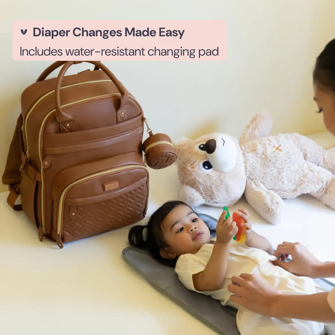 BabbleRoo Leather Diaper Bag Backpack - Baby Essentials Travel Baby Bag, Multi function, Waterproof, with Changing Pad, Stroller Straps & Pacifier Case  Unisex, Natural Brown