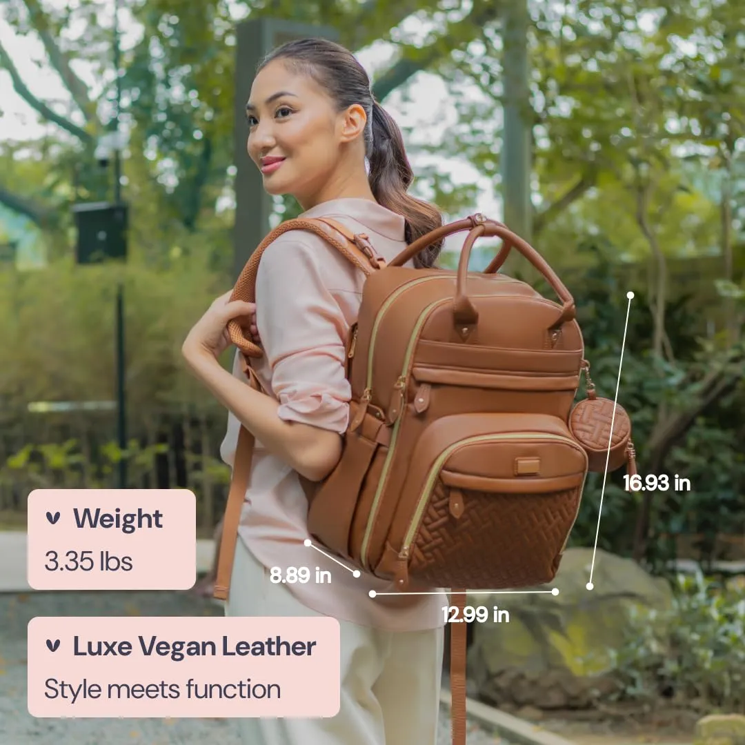 BabbleRoo Leather Diaper Bag Backpack - Baby Essentials Travel Baby Bag, Multi function, Waterproof, with Changing Pad, Stroller Straps & Pacifier Case  Unisex, Natural Brown
