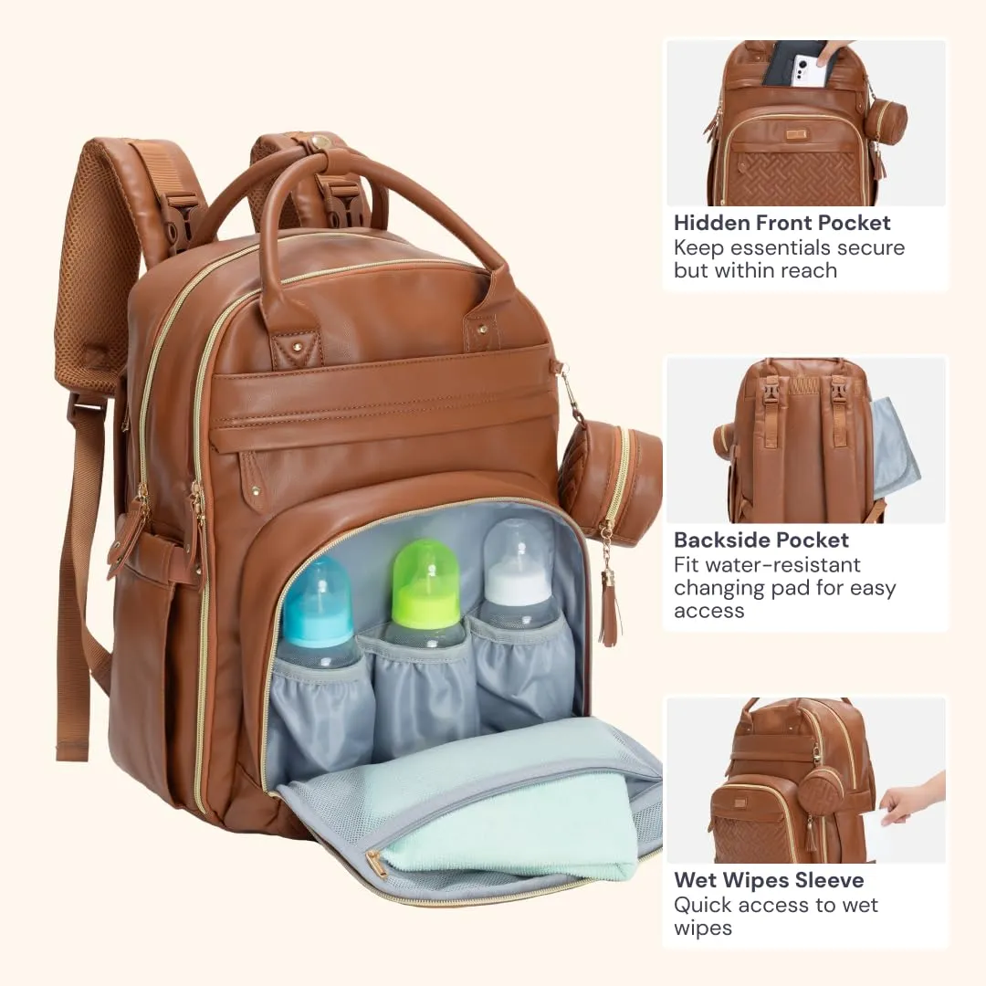 BabbleRoo Leather Diaper Bag Backpack - Baby Essentials Travel Baby Bag, Multi function, Waterproof, with Changing Pad, Stroller Straps & Pacifier Case  Unisex, Natural Brown