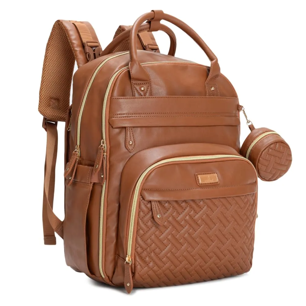 BabbleRoo Leather Diaper Bag Backpack - Baby Essentials Travel Baby Bag, Multi function, Waterproof, with Changing Pad, Stroller Straps & Pacifier Case  Unisex, Natural Brown