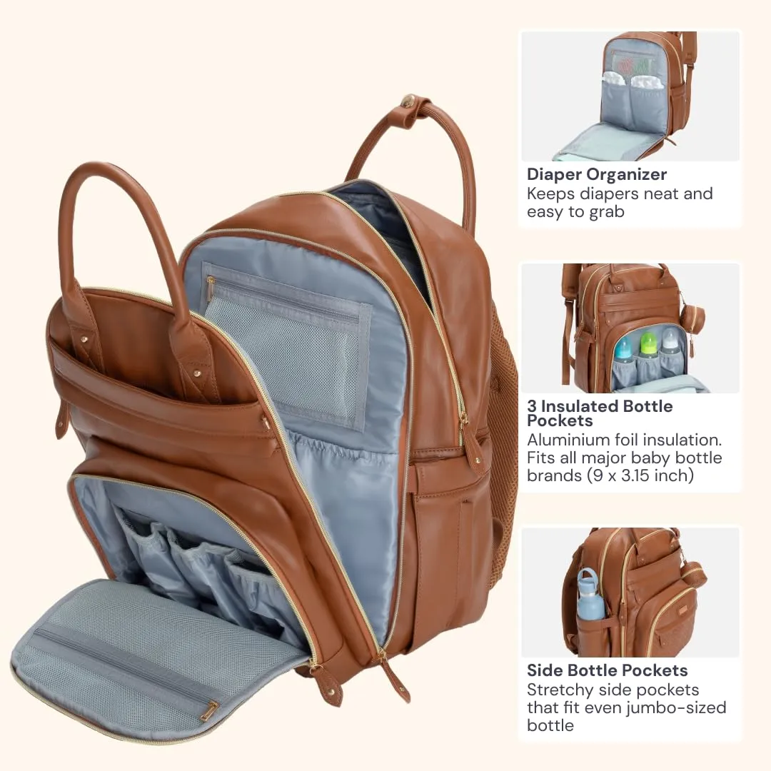 BabbleRoo Leather Diaper Bag Backpack - Baby Essentials Travel Baby Bag, Multi function, Waterproof, with Changing Pad, Stroller Straps & Pacifier Case  Unisex, Natural Brown