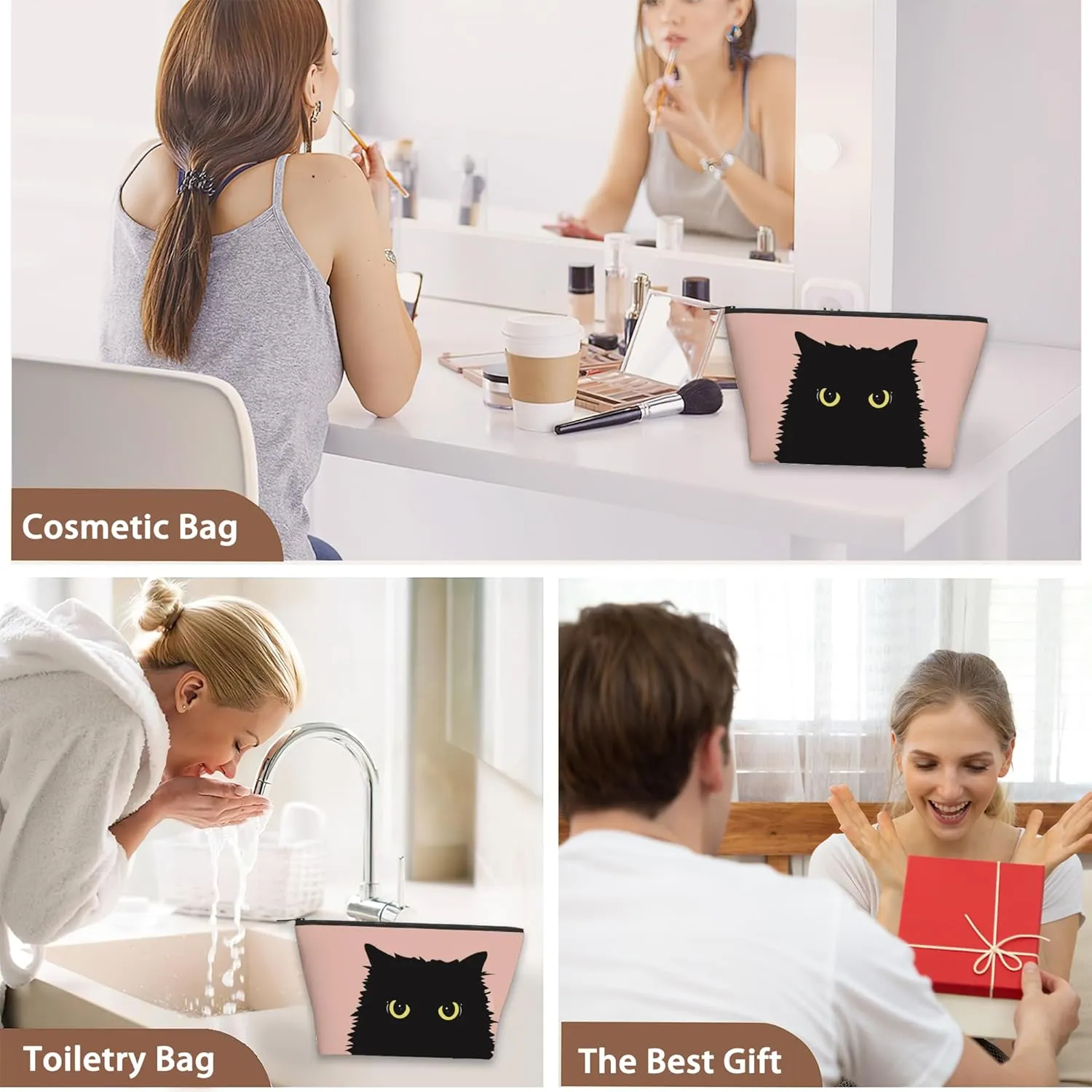 Black Cat Travel Makeup Bag,Yellow Eyes Halloween Cosmetic Bags Small Waterproof Zipper Women Purse Mini Portable Traveling Organizer Pouch for Ladies Thanksgiving Gifts