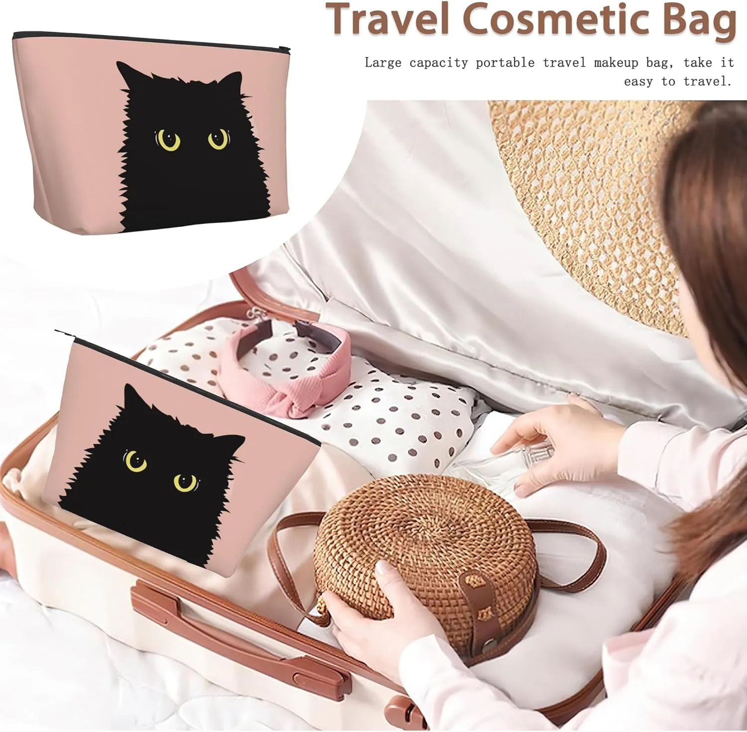 Black Cat Travel Makeup Bag,Yellow Eyes Halloween Cosmetic Bags Small Waterproof Zipper Women Purse Mini Portable Traveling Organizer Pouch for Ladies Thanksgiving Gifts