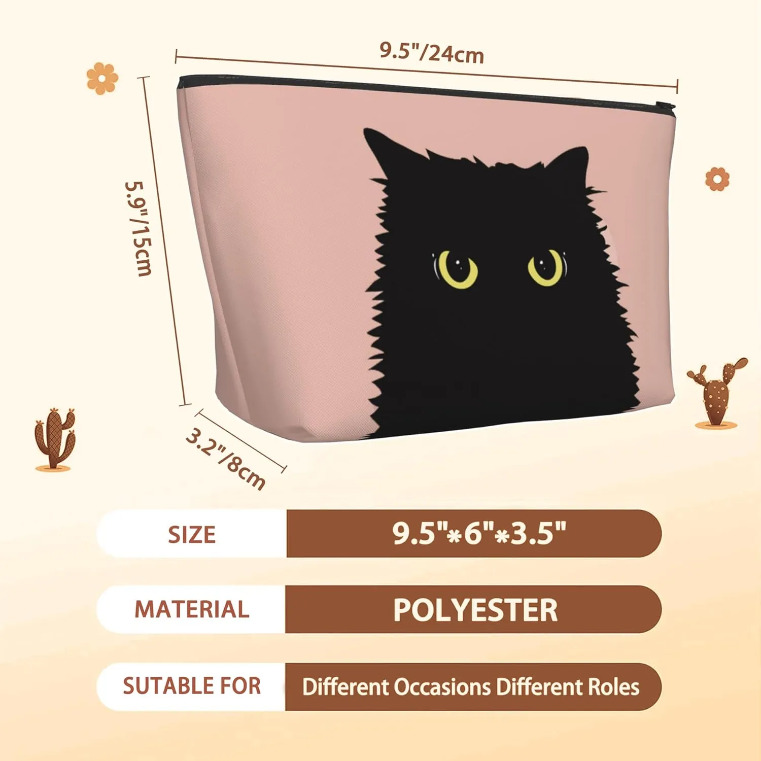 Black Cat Travel Makeup Bag,Yellow Eyes Halloween Cosmetic Bags Small Waterproof Zipper Women Purse Mini Portable Traveling Organizer Pouch for Ladies Thanksgiving Gifts