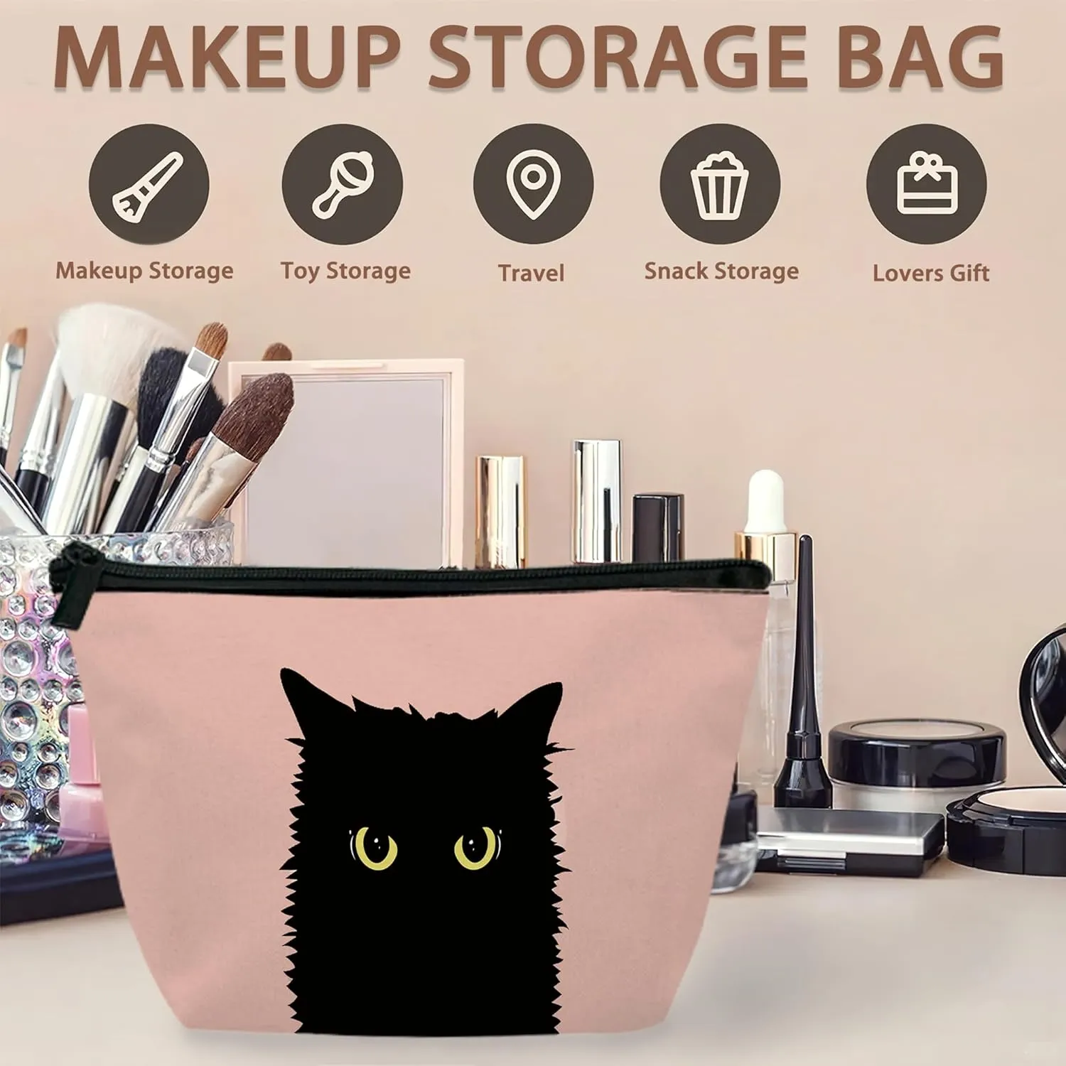 Black Cat Travel Makeup Bag,Yellow Eyes Halloween Cosmetic Bags Small Waterproof Zipper Women Purse Mini Portable Traveling Organizer Pouch for Ladies Thanksgiving Gifts