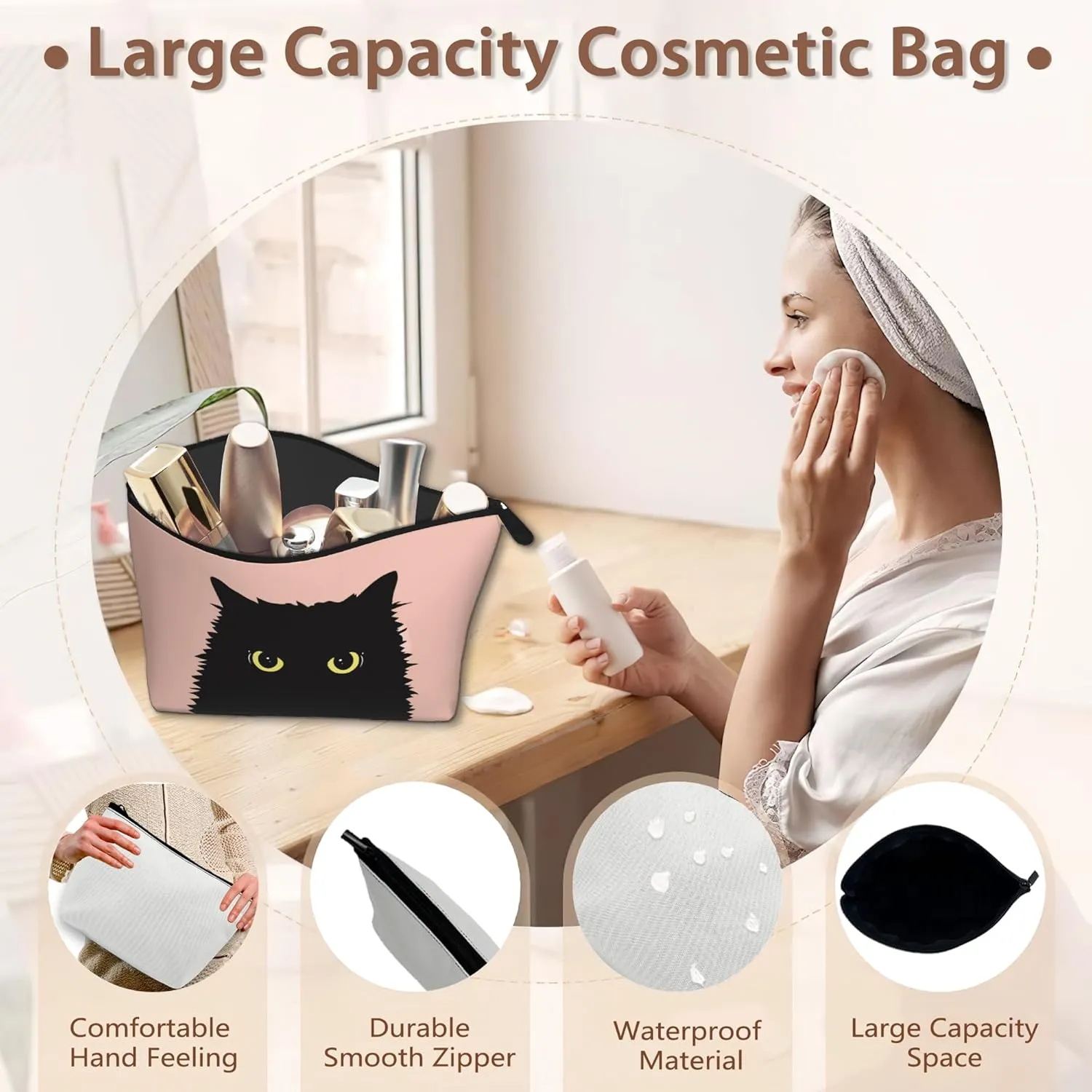 Black Cat Travel Makeup Bag,Yellow Eyes Halloween Cosmetic Bags Small Waterproof Zipper Women Purse Mini Portable Traveling Organizer Pouch for Ladies Thanksgiving Gifts