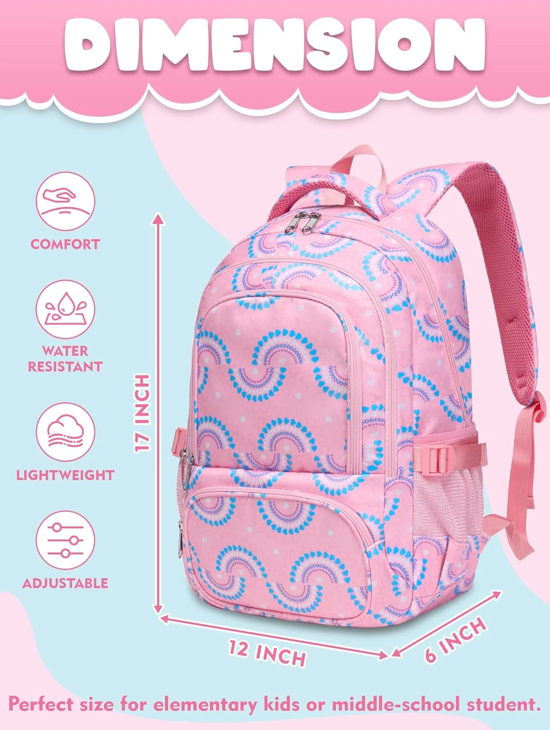 BLUEFAIRY Kids Backpacks for Boys Girls Elementary Primary Middle School Bookbags Back to School Bags for Childs Age 6-8 Mochilas Escolares para Nios Nias 17 Inch Peach Pink