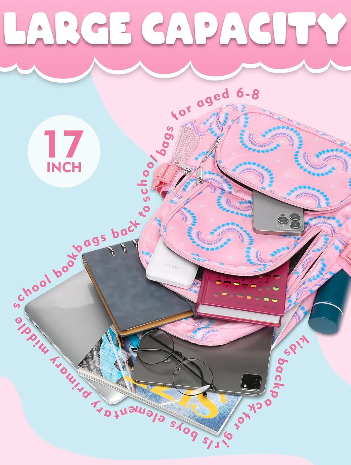 BLUEFAIRY Kids Backpacks for Boys Girls Elementary Primary Middle School Bookbags Back to School Bags for Childs Age 6-8 Mochilas Escolares para Nios Nias 17 Inch Peach Pink