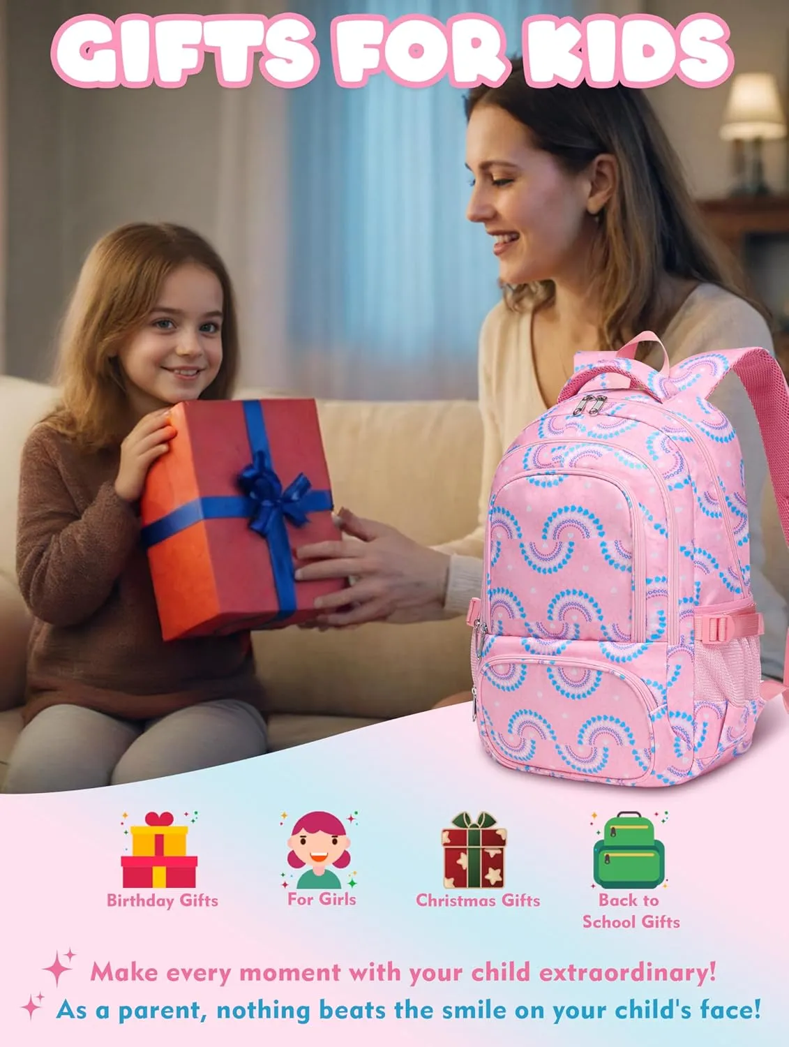 BLUEFAIRY Kids Backpacks for Boys Girls Elementary Primary Middle School Bookbags Back to School Bags for Childs Age 6-8 Mochilas Escolares para Nios Nias 17 Inch Peach Pink