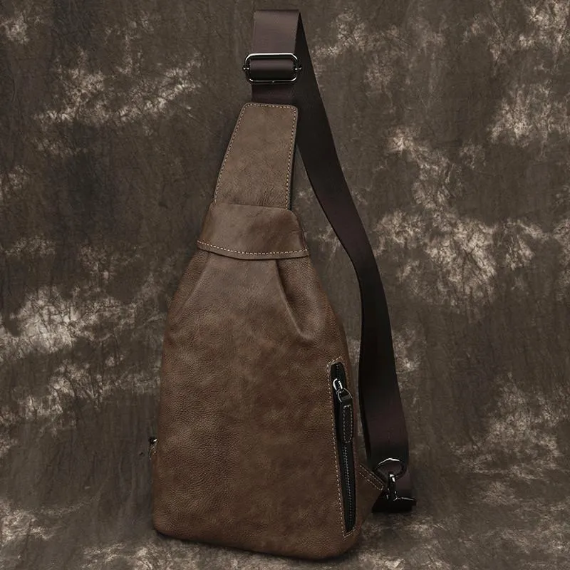 Brown Cool LEATHER MENS Sling Bag One Shoulder Backpack Chest Bag For Men