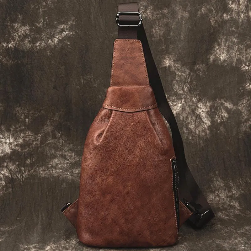 Brown Cool LEATHER MENS Sling Bag One Shoulder Backpack Chest Bag For Men