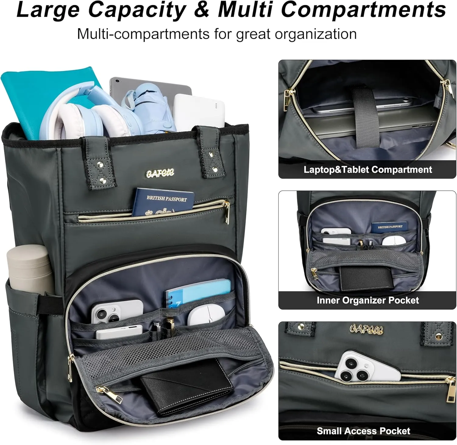 CAFELE Laptop Backpack for Women, 17 Inch Work Laptop Bag Teacher Nurse Backpack, Wide Open Travel Backpack Purse Convertible Business Computer Tote Quilted Grye Daypack with USB Port(2322H-03)