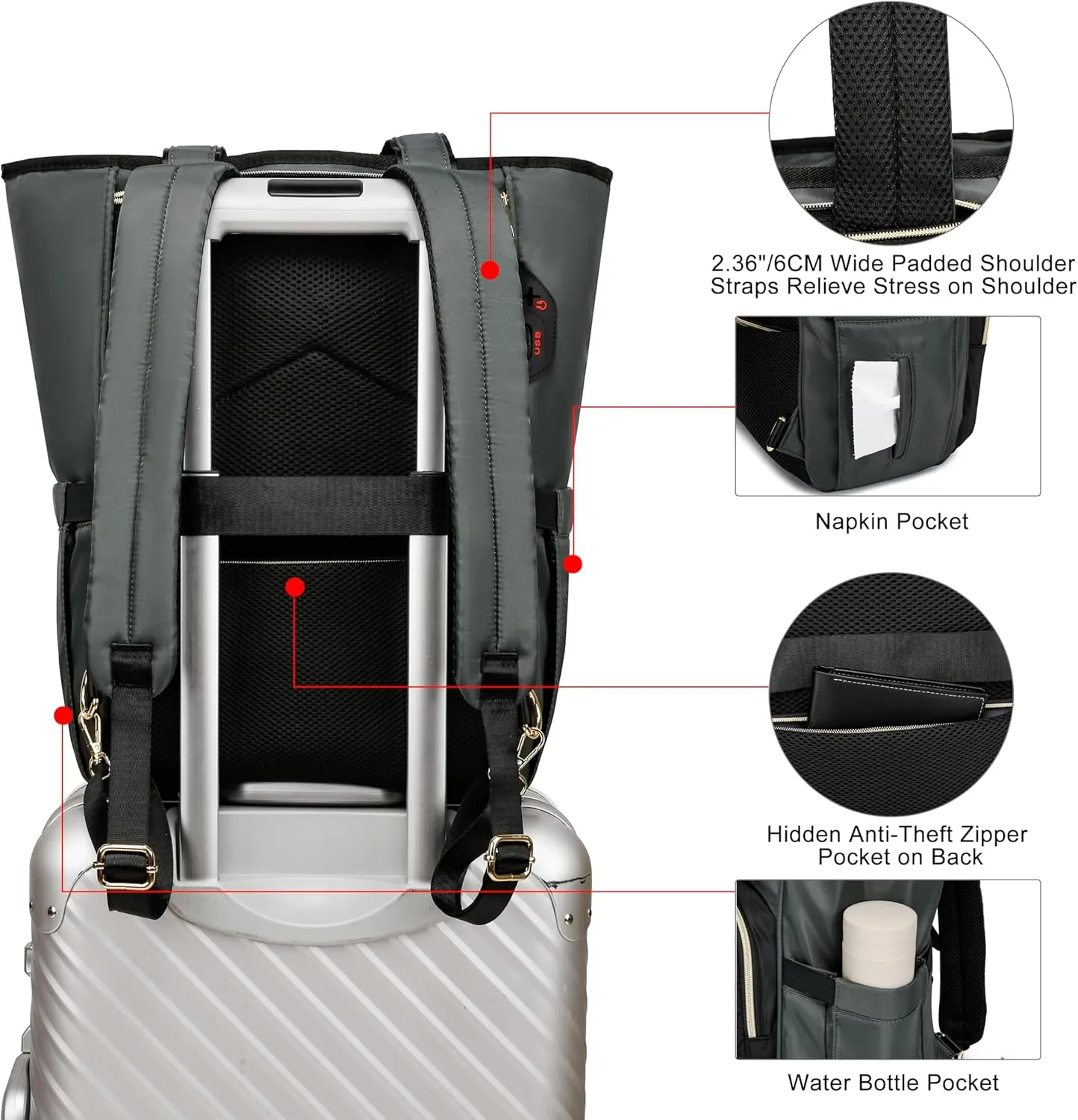 CAFELE Laptop Backpack for Women, 17 Inch Work Laptop Bag Teacher Nurse Backpack, Wide Open Travel Backpack Purse Convertible Business Computer Tote Quilted Grye Daypack with USB Port(2322H-03)