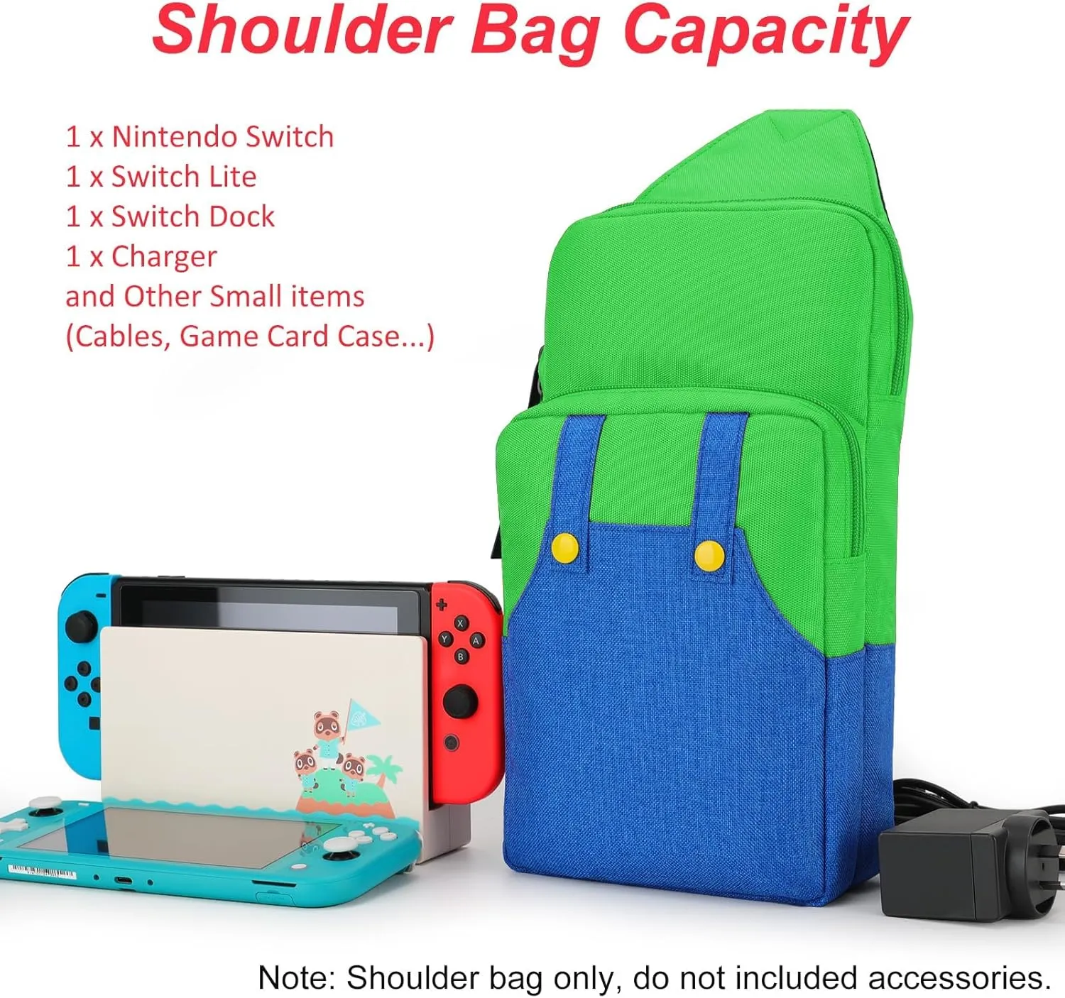Cute Travel Bag for Nintendo Switch/Lite/OLED, Portable Small Sling Crossbody Shoulder Carrying Storage Backpack for NS Consolo, Charging Dock, Joy-Cons, Accessories (Green&Blue)