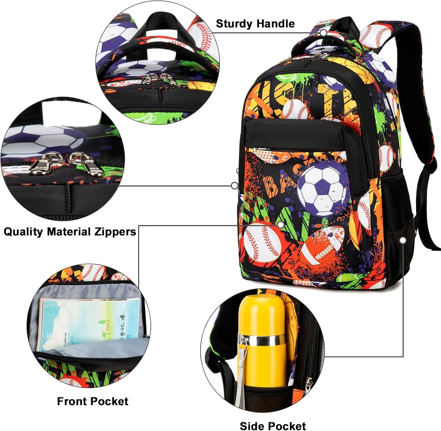 LEDAOU School Backpack Teen Boys Kids Bookbag Daypack School Bag (Ball Graffiti)