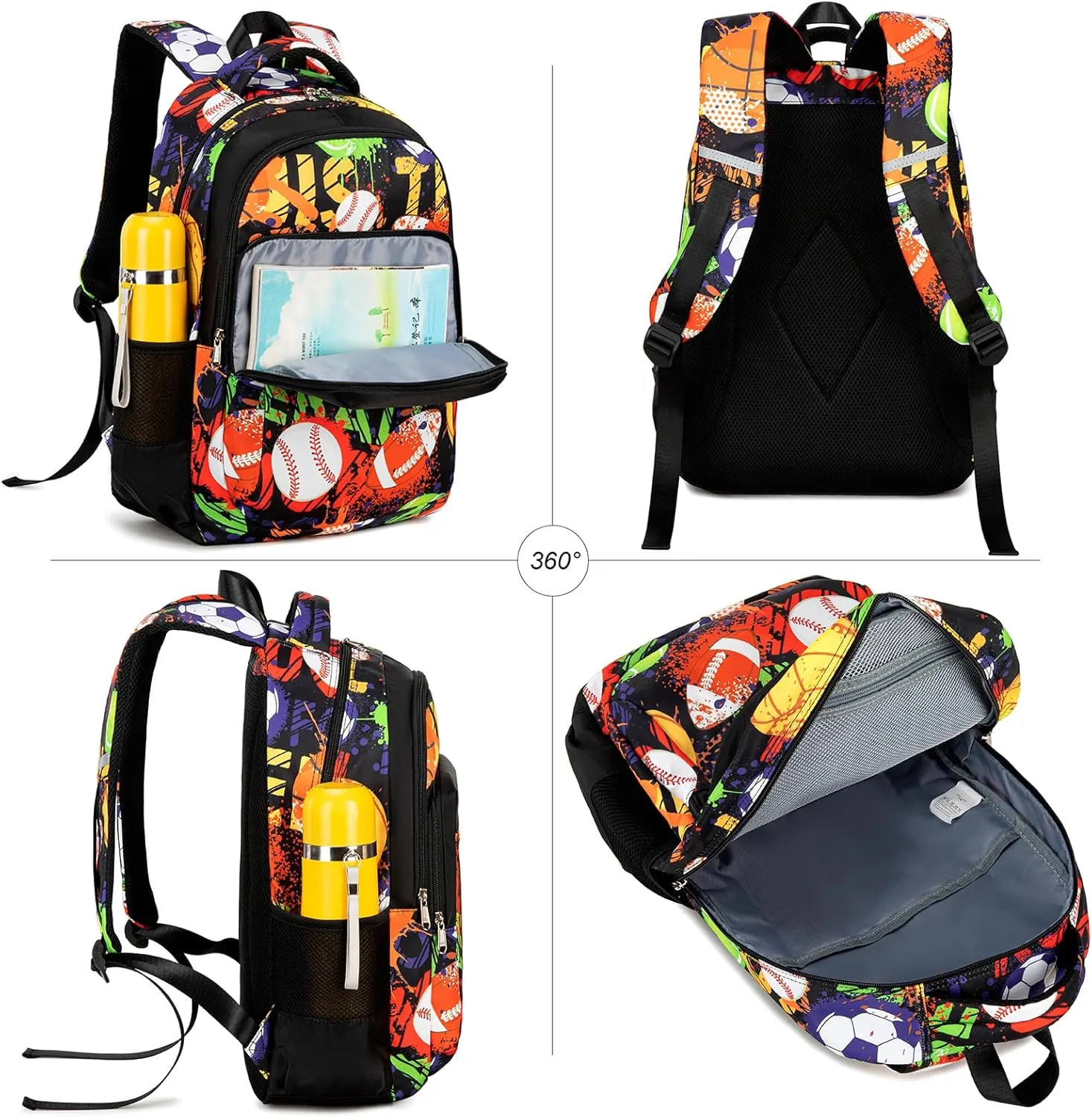 LEDAOU School Backpack Teen Boys Kids Bookbag Daypack School Bag (Ball Graffiti)