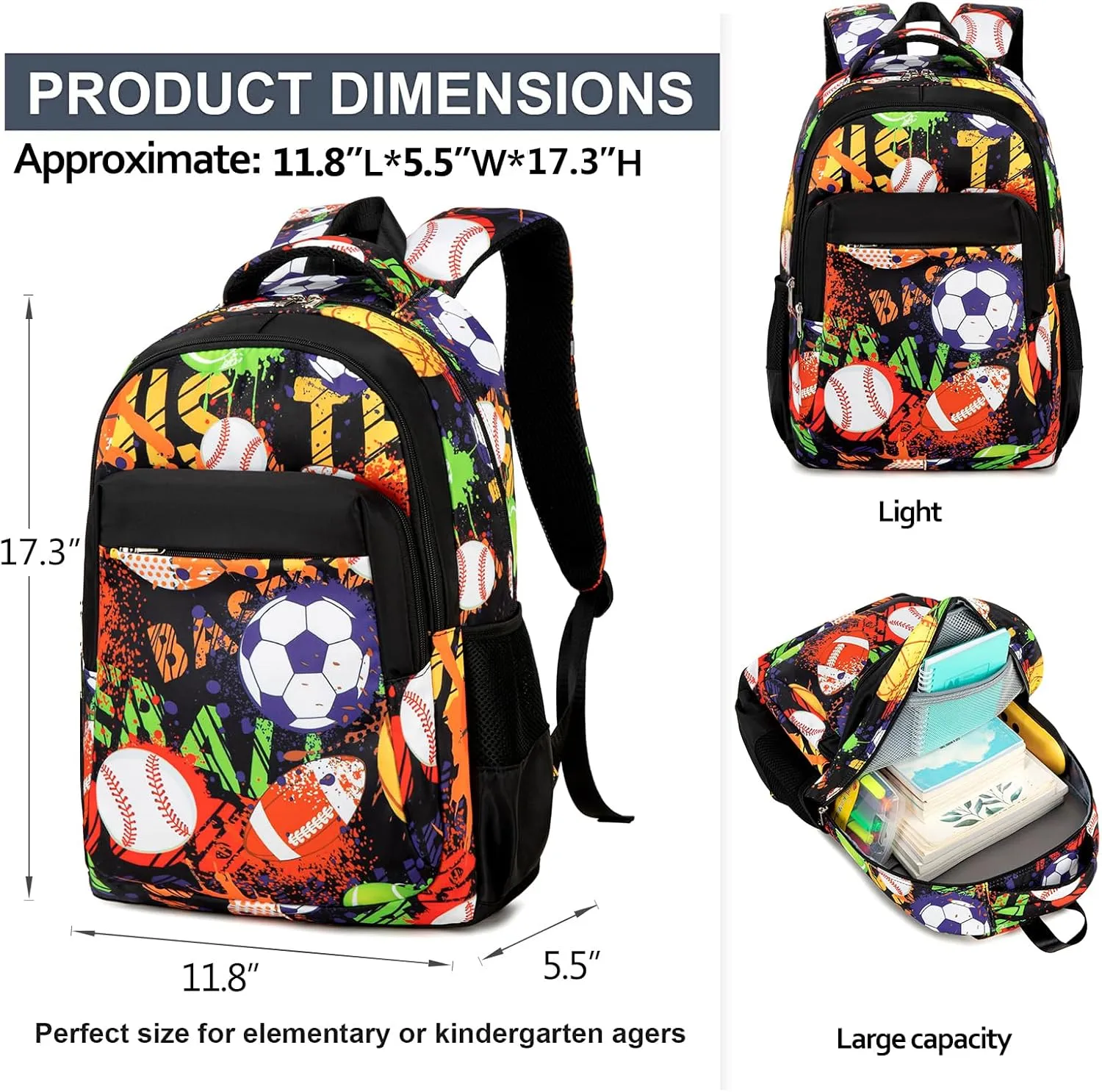 LEDAOU School Backpack Teen Boys Kids Bookbag Daypack School Bag (Ball Graffiti)