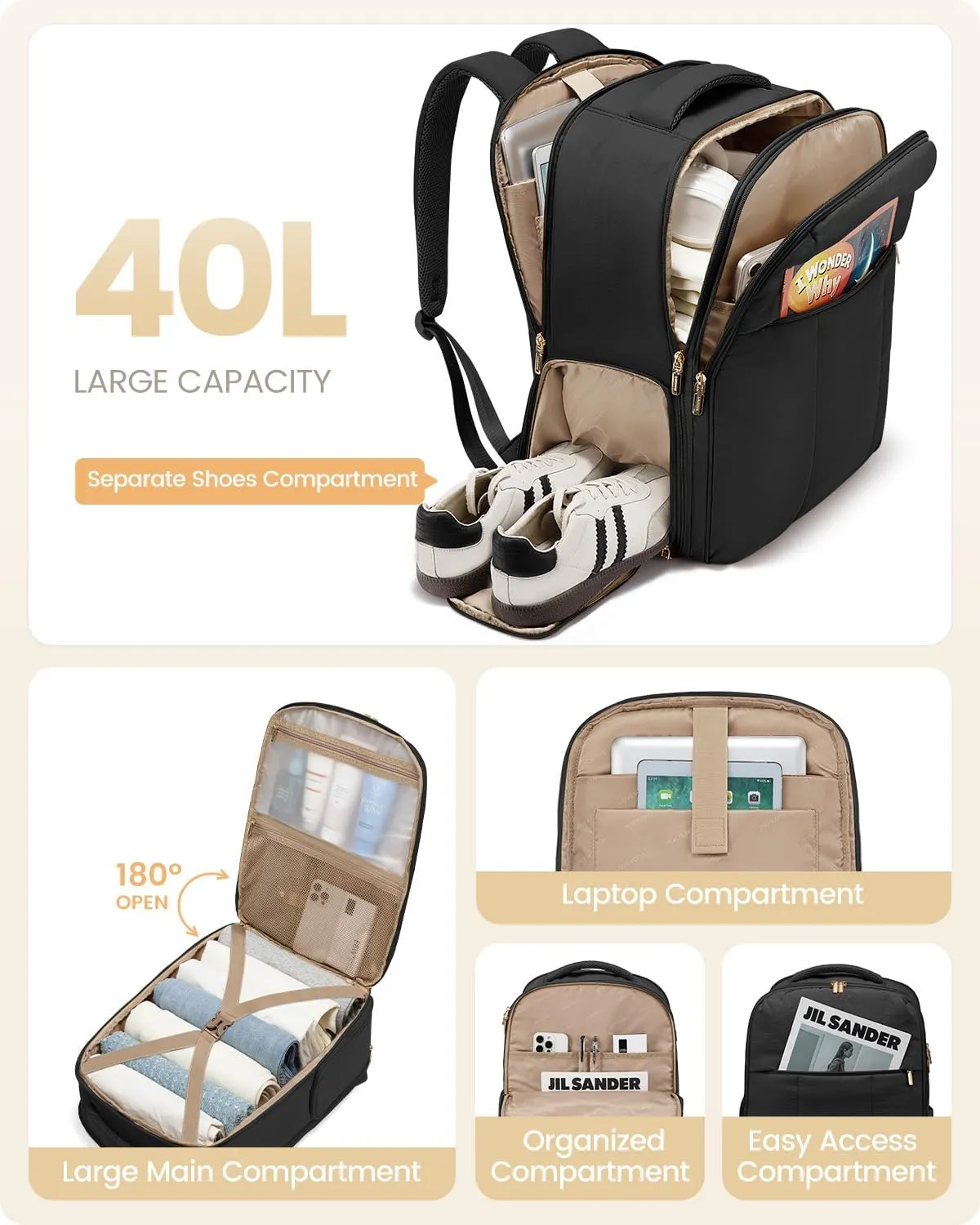 LOVEVOOK Travel Backpack for Women with Shoe Compartment, Puffer Carry on Backpack Flight Approved 40L Personal Item Travel Bag Fits 17inch Laptop, Waterproof Lightweight Bags with 3 Packing Cubes