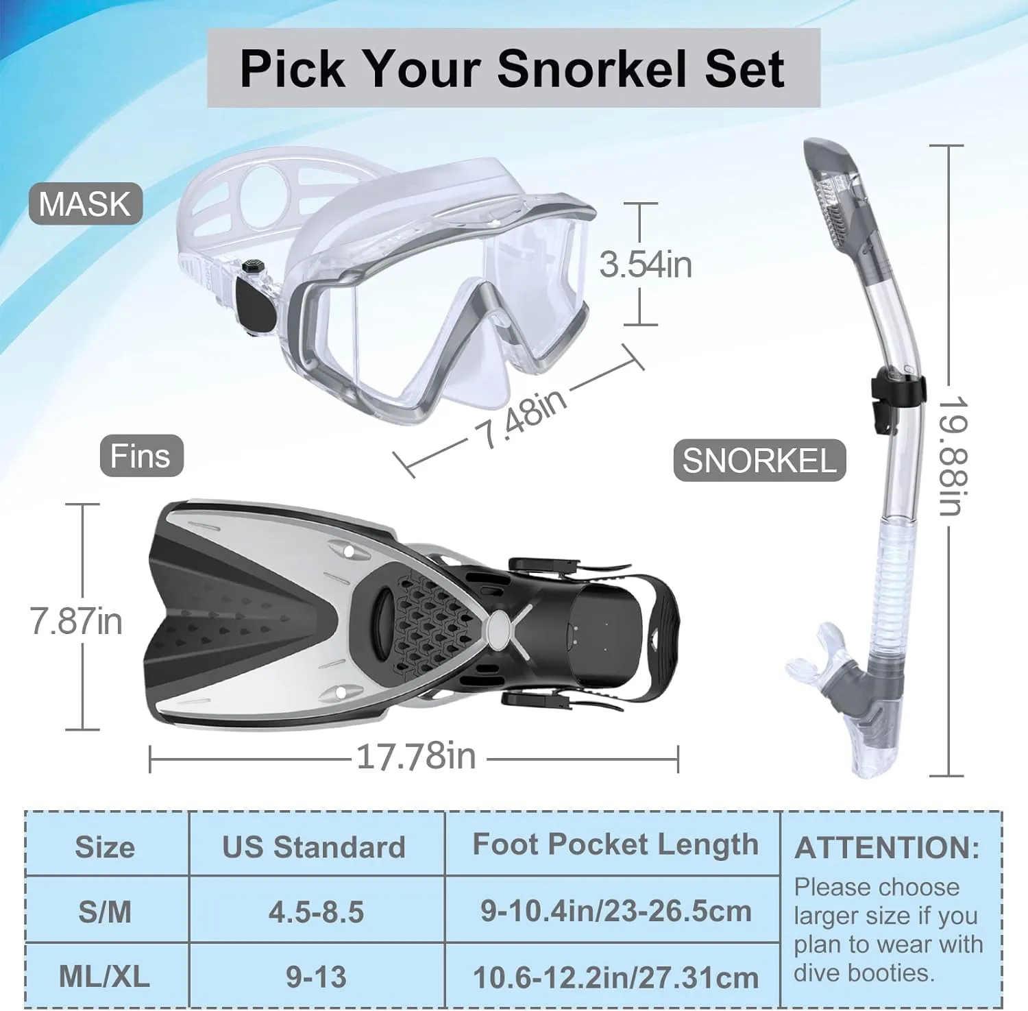 Mask Fins Snorkeling Gear for Adults Men Women, Panoramic View Diving Mask, Anti-Fog Dry Top Snorkel, Adjustable Freediving Swimming Fins/Flippers, Travel Bags for Lap Swimming
