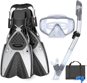 Mask Fins Snorkeling Gear for Adults Men Women, Panoramic View Diving Mask, Anti-Fog Dry Top Snorkel, Adjustable Freediving Swimming Fins/Flippers, Travel Bags for Lap Swimming