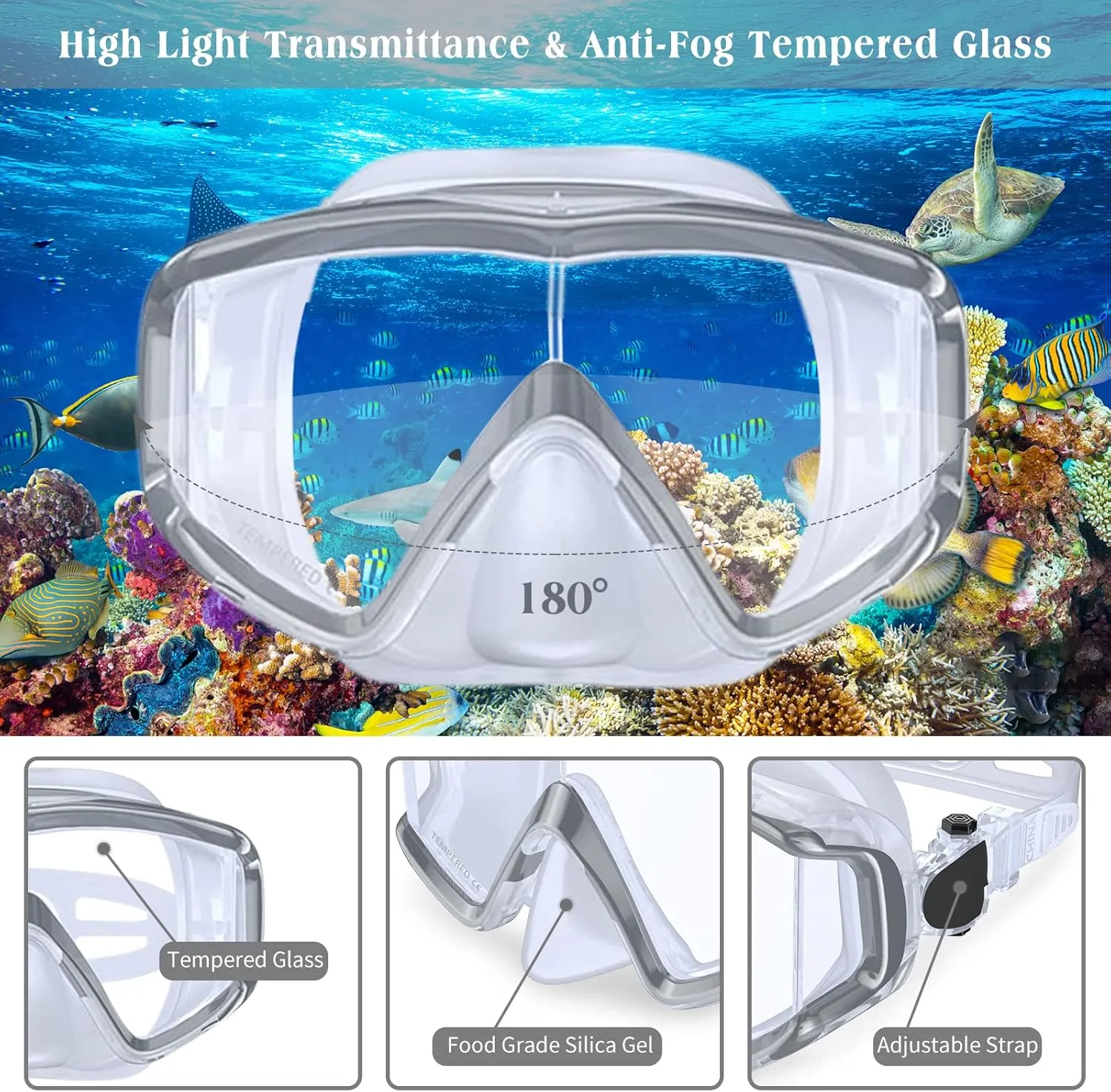 Mask Fins Snorkeling Gear for Adults Men Women, Panoramic View Diving Mask, Anti-Fog Dry Top Snorkel, Adjustable Freediving Swimming Fins/Flippers, Travel Bags for Lap Swimming