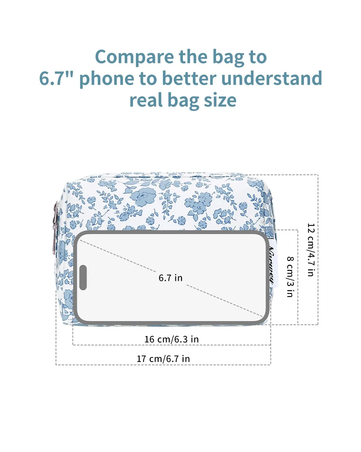 Narwey Small Cute Floral Makeup Bag for Purse Mini Cosmetic Bag Travel Makeup Pouch Zipper Pouch Cute Make up Bags with Compartments for Women Girls (Little Blue Flower, Small)