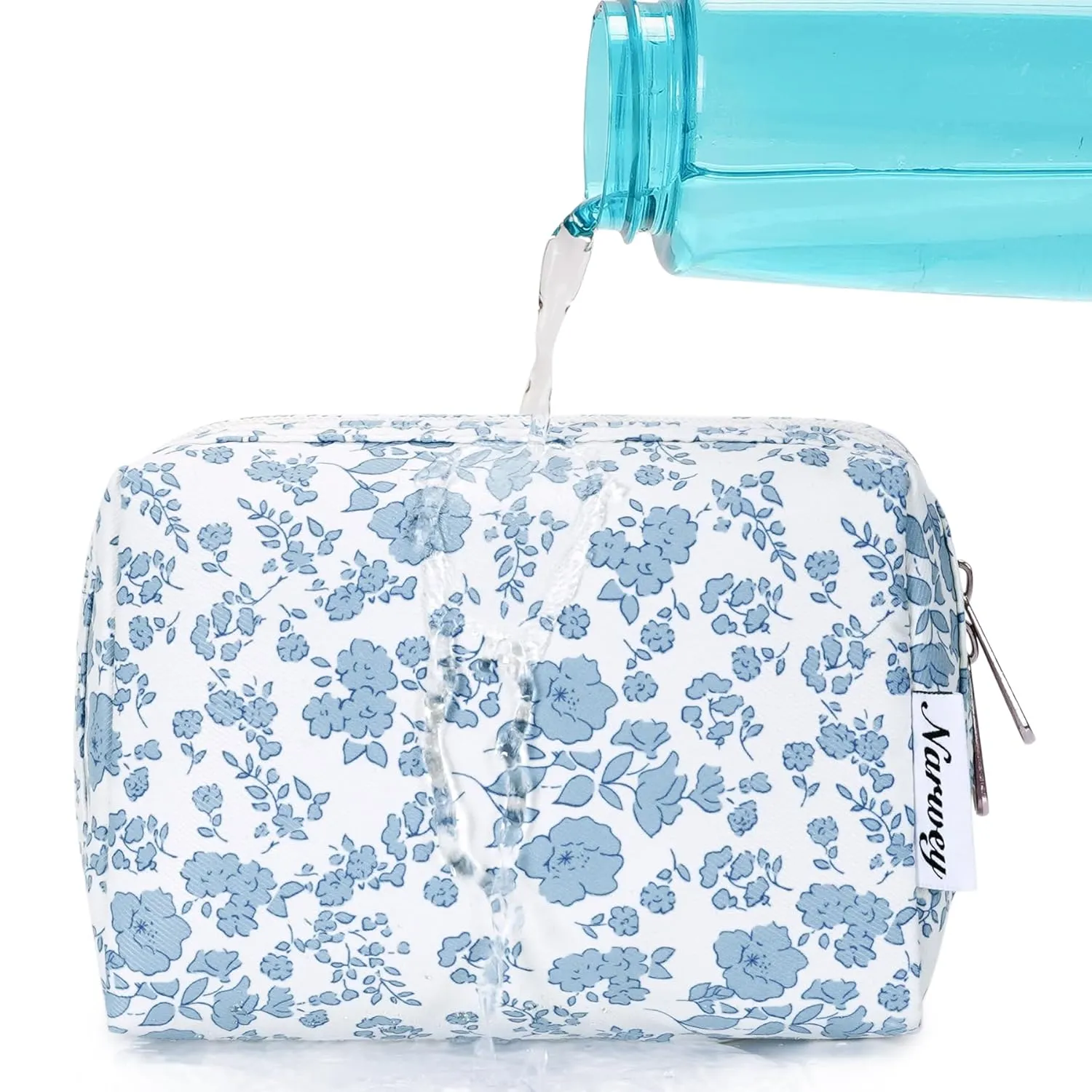 Narwey Small Cute Floral Makeup Bag for Purse Mini Cosmetic Bag Travel Makeup Pouch Zipper Pouch Cute Make up Bags with Compartments for Women Girls (Little Blue Flower, Small)