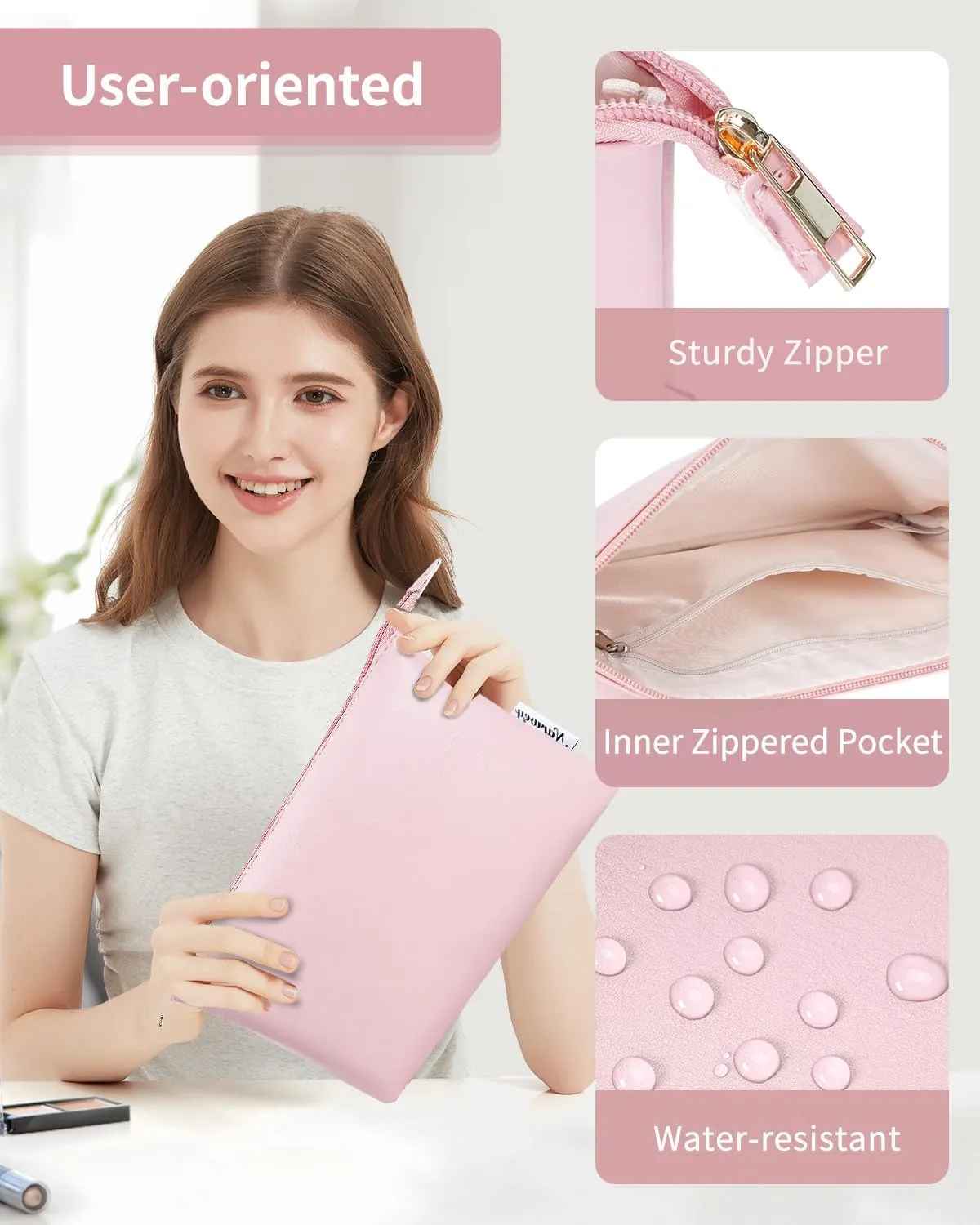 Narwey Small Makeup bag for Purse, Small Makeup Pouch for Purse Cosmetic Bag with Zipper, Cute PU Leather Make up Pouch for Women Girls (Pink)