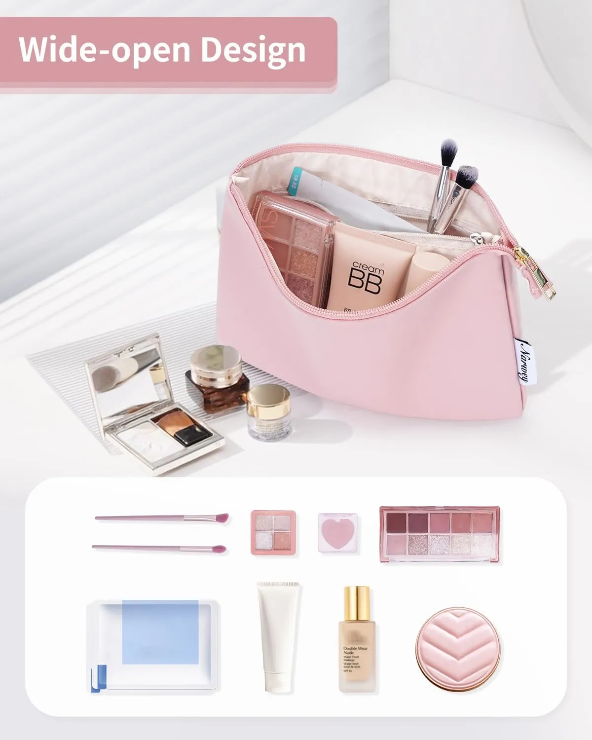 Narwey Small Makeup bag for Purse, Small Makeup Pouch for Purse Cosmetic Bag with Zipper, Cute PU Leather Make up Pouch for Women Girls (Pink)