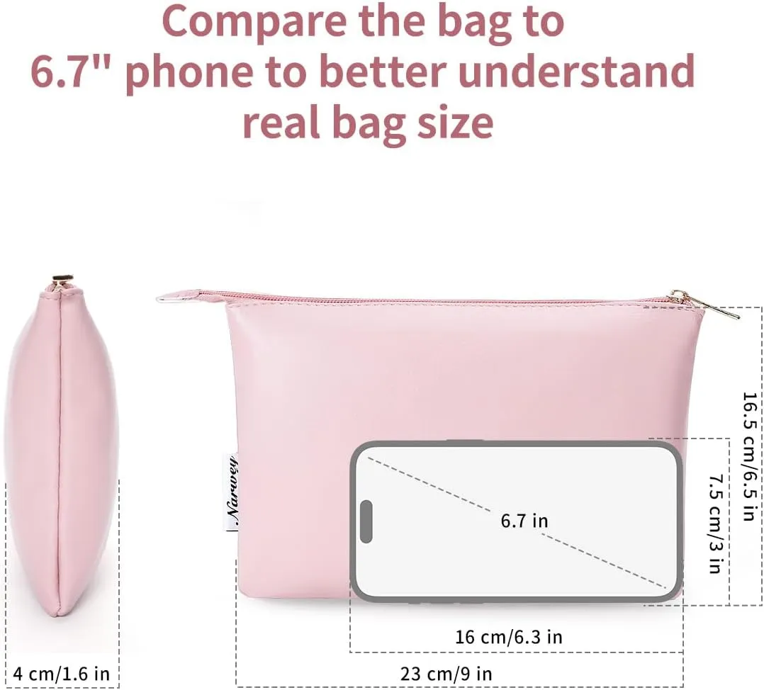 Narwey Small Makeup bag for Purse, Small Makeup Pouch for Purse Cosmetic Bag with Zipper, Cute PU Leather Make up Pouch for Women Girls (Pink)