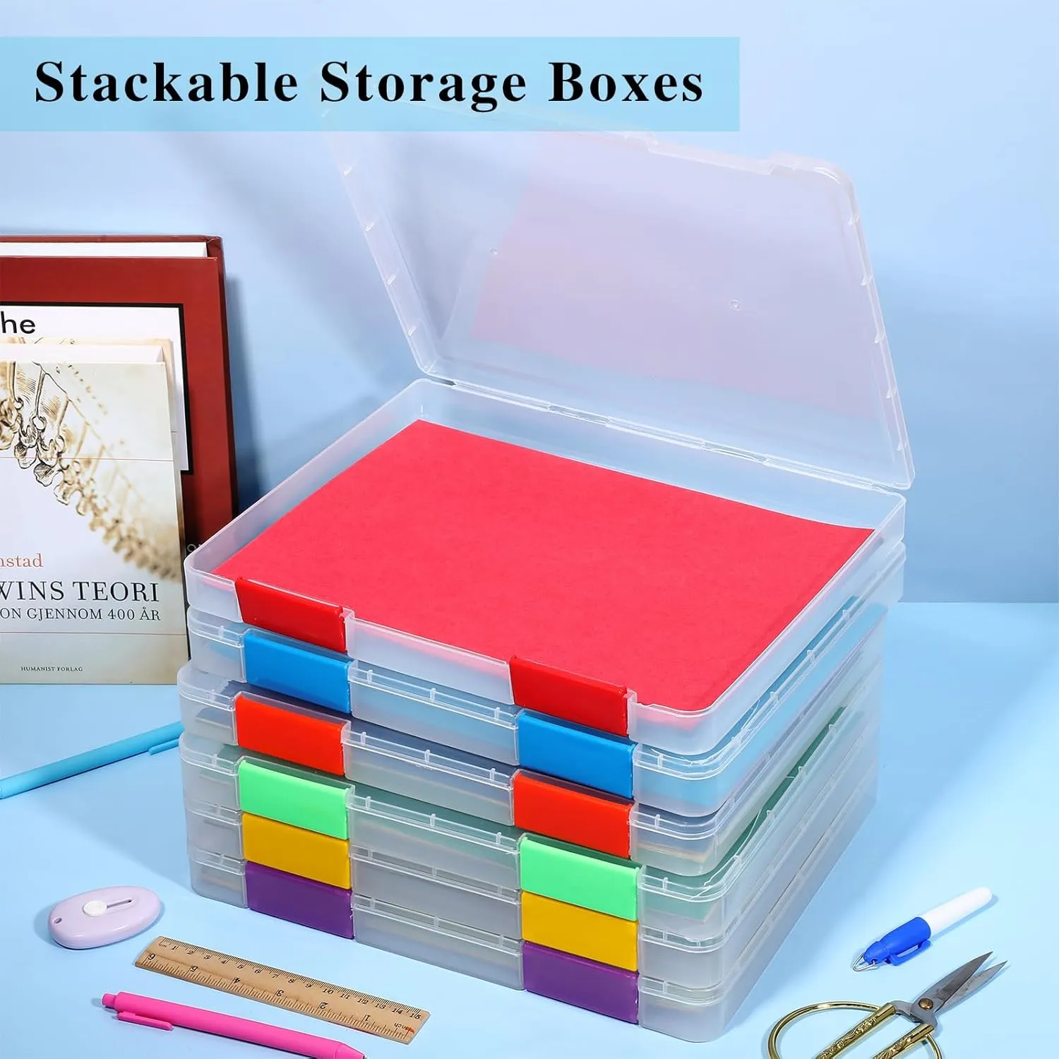 PerKoop 6 Pcs Clear A4 File Box Document Plastic Storage Box Paper Plastic Case Board Game Storage Containers Magazine Protector File Holder with Buckle (Colorful,12.4 x 9.84 x 1.18 Inches)