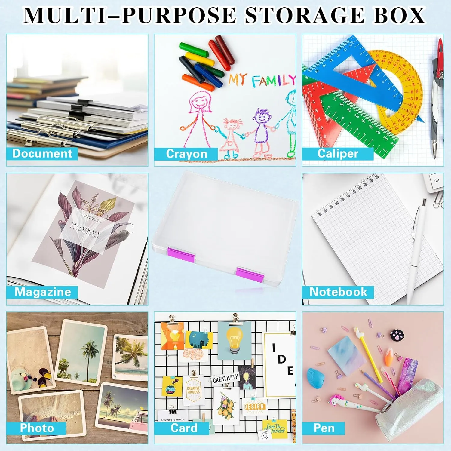 PerKoop 6 Pcs Clear A4 File Box Document Plastic Storage Box Paper Plastic Case Board Game Storage Containers Magazine Protector File Holder with Buckle (Colorful,12.4 x 9.84 x 1.18 Inches)