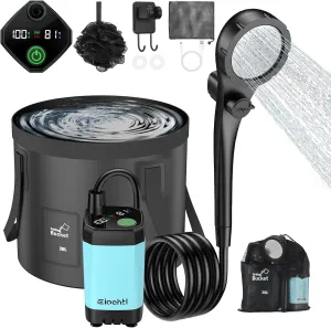 Portable Shower, Upgraded 6000mAh Camping Shower with LED Display, Camp Shower with 5-Gallon Collapsible Bucket, Outdoor Shower with 3 Spray Modes for Hiking, RV, Travel, Pet Bath, Watering Plants