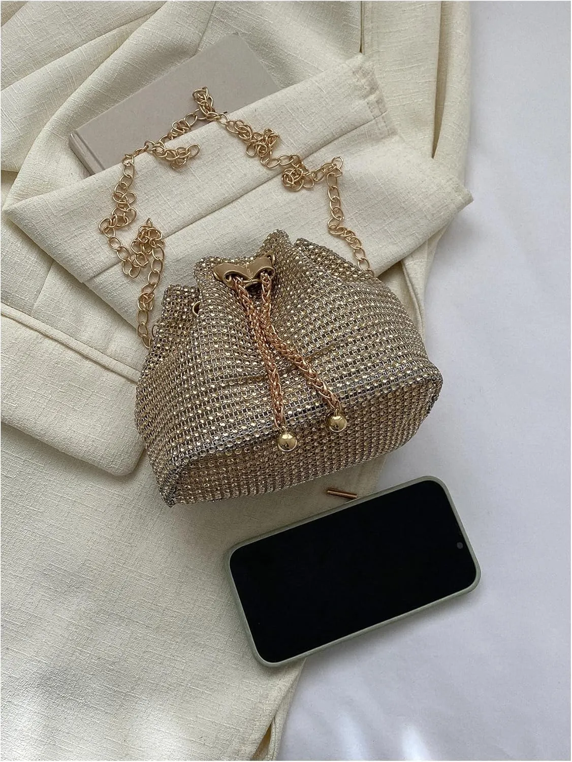 SweatyRocks Women's Rhinestone Glitter Evening Bag Sparkle Bags Bucket Purses Chain Strap Purse