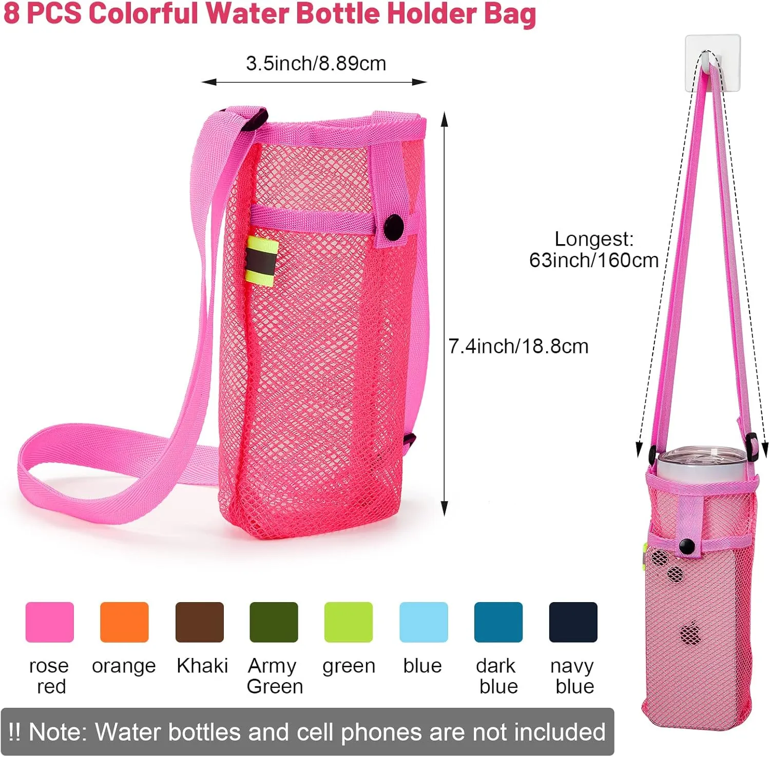 Tessco 8 Pcs Water Bottle Sling Holder with Adjustable Shoulder Strap Water Bottle Mesh Carrier Bag Sleeve Pouch Holder for Walking Sports