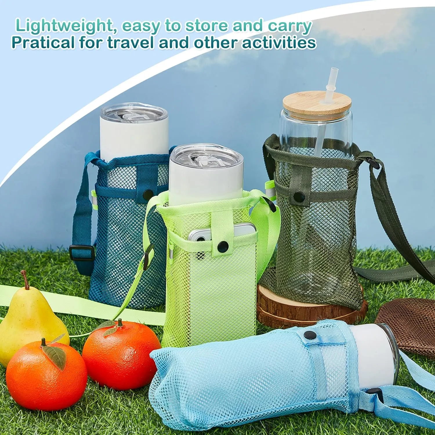 Tessco 8 Pcs Water Bottle Sling Holder with Adjustable Shoulder Strap Water Bottle Mesh Carrier Bag Sleeve Pouch Holder for Walking Sports