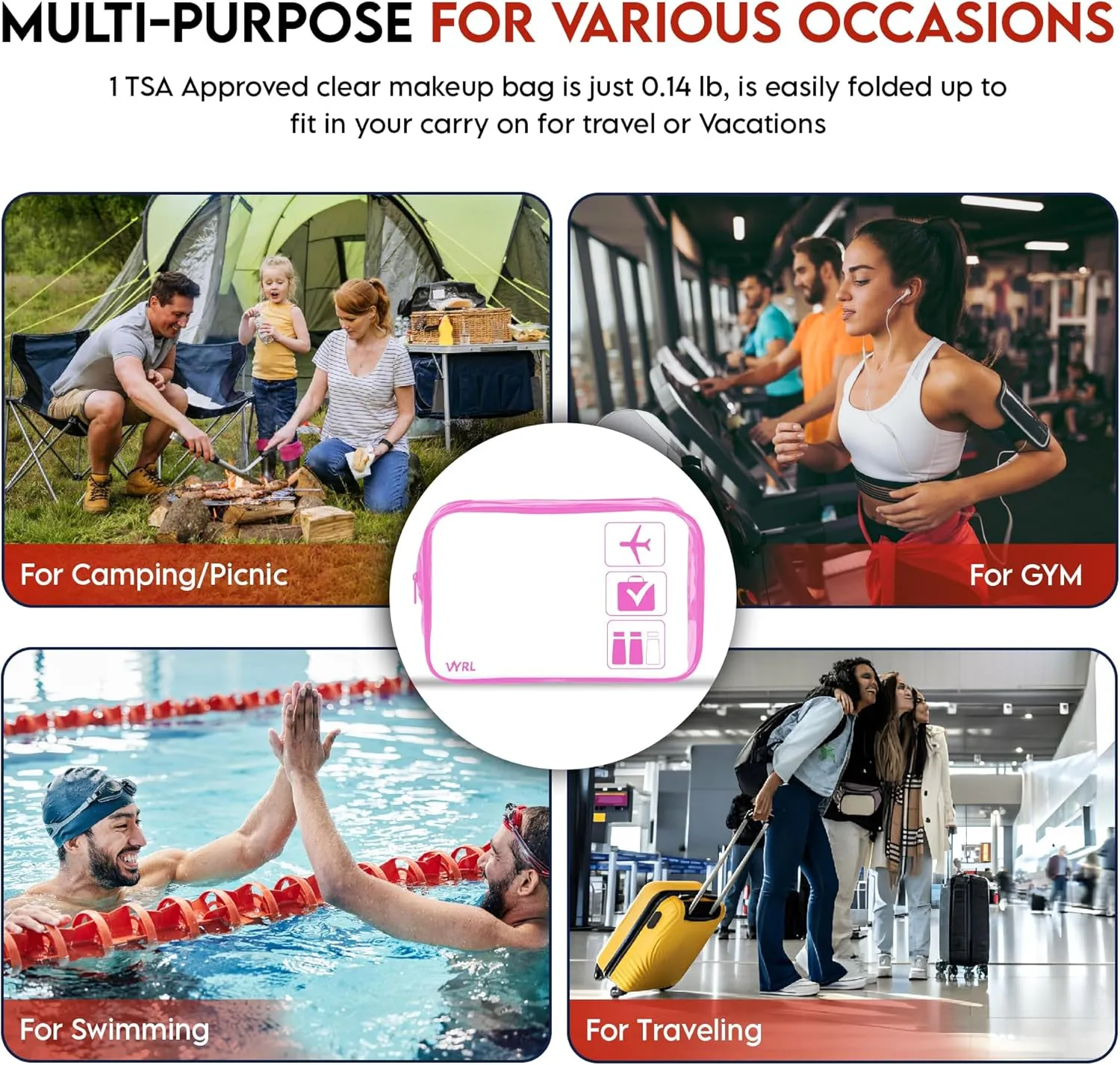 VYRL 2 Pack Clear Makeup Bag - Quart Size 3-1-1 TSA Approved Toiletry Bag with Zipper - Water-Resistant Durable PVC Clear Toiletry Bag for Carry-on Airport Travel Accessories - Rose Pink