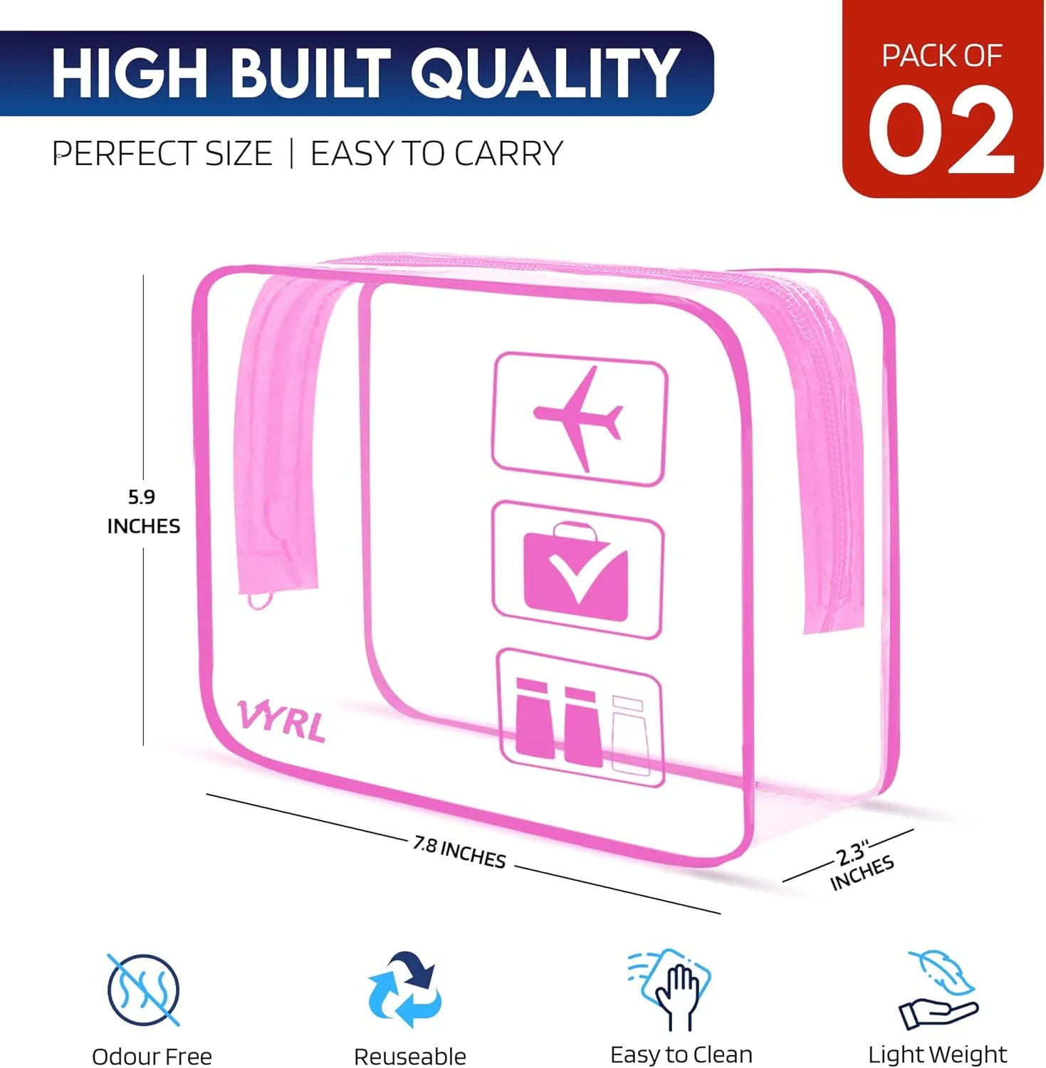 VYRL 2 Pack Clear Makeup Bag - Quart Size 3-1-1 TSA Approved Toiletry Bag with Zipper - Water-Resistant Durable PVC Clear Toiletry Bag for Carry-on Airport Travel Accessories - Rose Pink