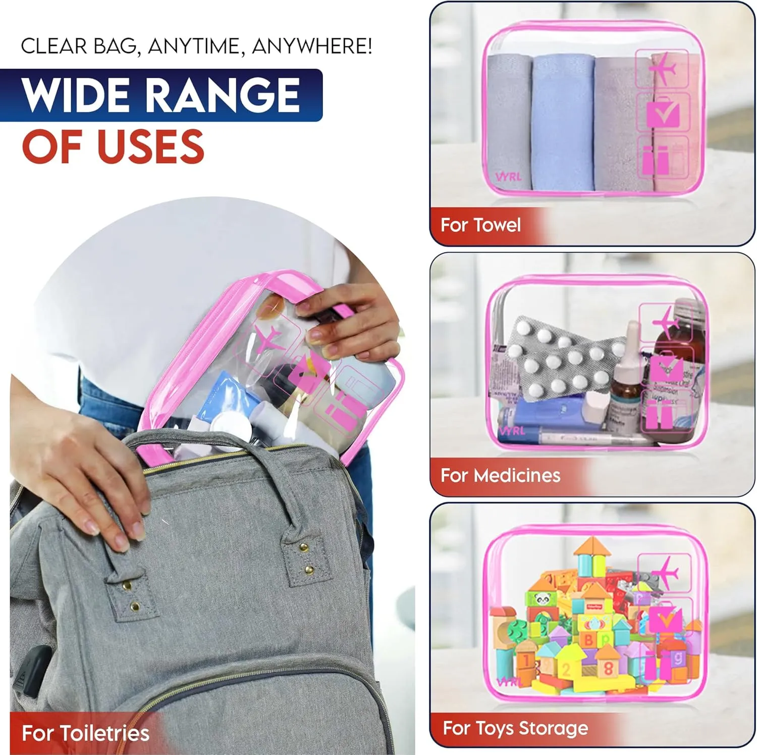 VYRL 2 Pack Clear Makeup Bag - Quart Size 3-1-1 TSA Approved Toiletry Bag with Zipper - Water-Resistant Durable PVC Clear Toiletry Bag for Carry-on Airport Travel Accessories - Rose Pink