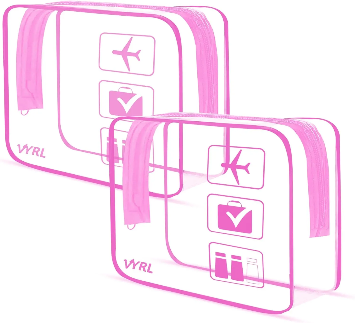 VYRL 2 Pack Clear Makeup Bag - Quart Size 3-1-1 TSA Approved Toiletry Bag with Zipper - Water-Resistant Durable PVC Clear Toiletry Bag for Carry-on Airport Travel Accessories - Rose Pink
