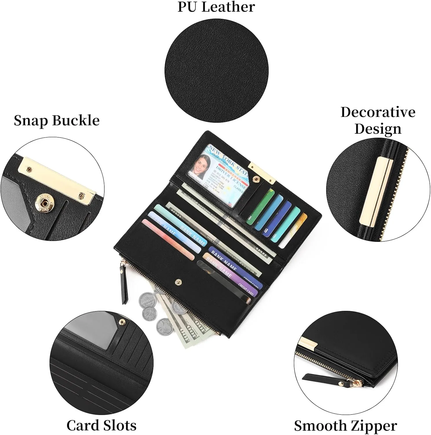 Wallet Women Leather RFID Blocking Large Capacity Credit Card Holder Bifold Long Ladies Purse with Zipper Pocket