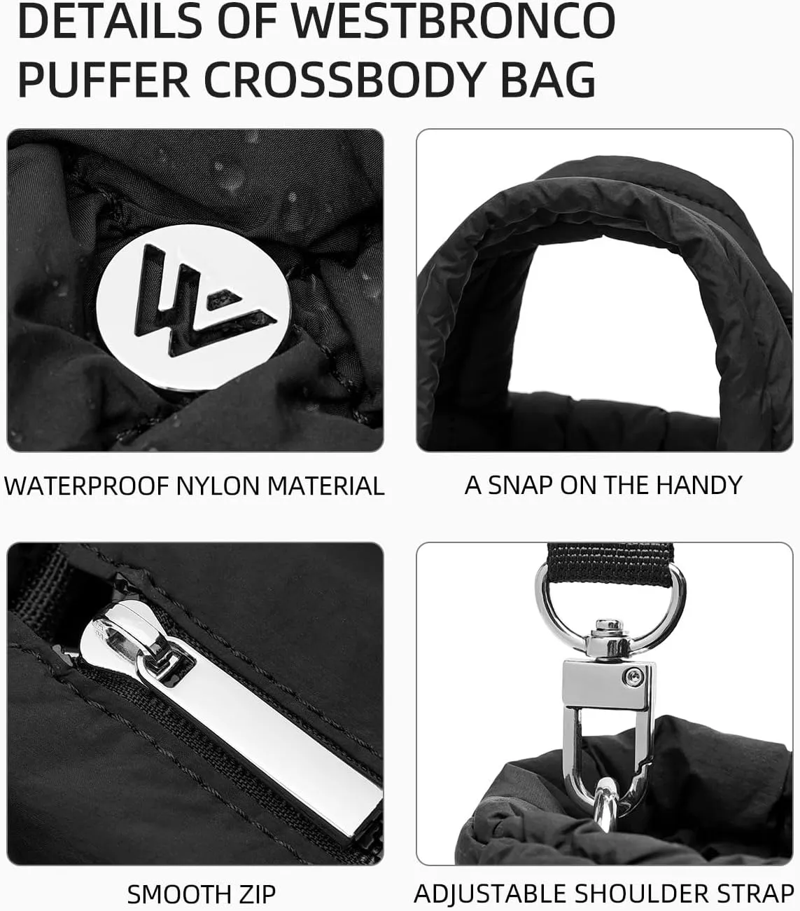 WESTBRONCO Small Puffer Bag Quilted Crossbody Bags for Women Puffy Purse Nylon Shoulder Handbag with Adjustable Strap