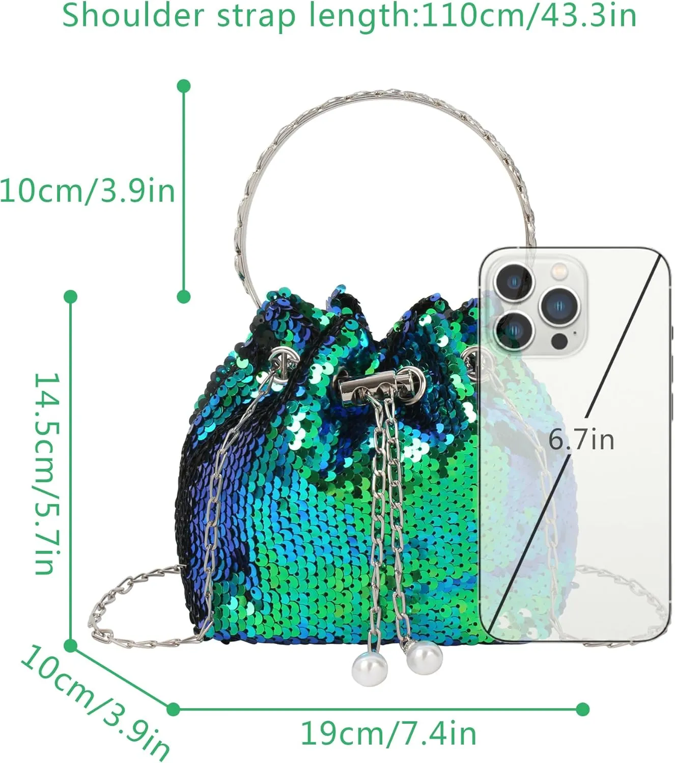 Women Drawstring Bucket Bag Bling Sequin Shoulder Clutch Purse Sparkly Tote Handbag for Evening Wedding Party Prom